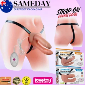 Vibrating Strap On Hollow Dildo Harness Realistic Extender Penis Sleeve Sex Toy - Picture 1 of 11