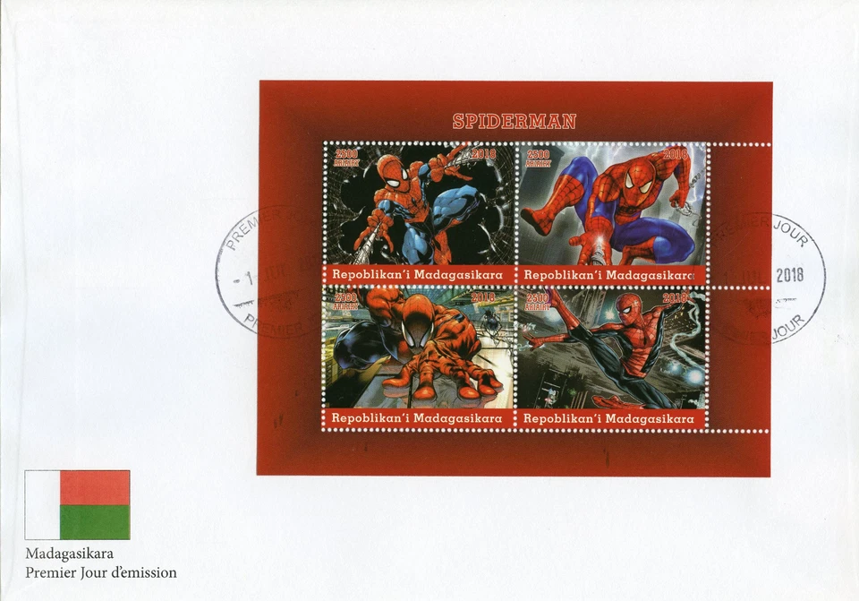 Madagascar 2018 FDC Spiderman 4v M/S Cover Marvel Comics Superheroes Stamps - Image 1 of 1