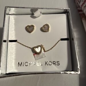 MICHAEL KORS GOLD TONE CHAIN,MOP HEART,2 PC SET NECKLACE+EARRINGS S1