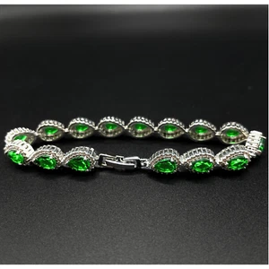 White Gold Bracelet with Green Emerald & Created Diamond Pear Cut, Elegant Gem - Picture 1 of 5