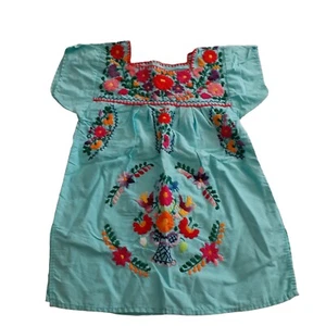 Little Girl's Mexican Boho Peasant Dress Blue with Floral Embroidery 6-6X - Picture 1 of 9