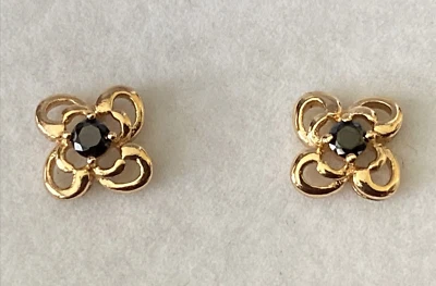 Adorable New Yellow Gold Filled Black Cubic Zirconia CZ Flower Stud Earrings - Image 1 of 2