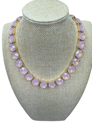 Pink Opal Glass Statement Necklace Gold Tone Faceted Bezel Set Formal Old Money - Image 1 of 4