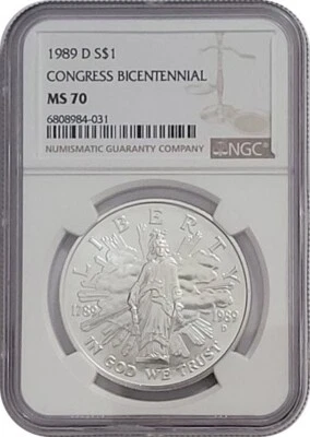 1989 D Congress Bicentennial Commemorative Silver Dollar Coin NGC MS70 - Image 1 of 2
