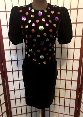 Vtg 1980’s Jessica McClintock Black Velvet Sequins Puff Sleeves Party Dress XS/S - Image 1 of 4