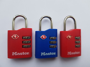 3 x MASTER TSA APPROVED COMBINATION LUGGAGE LOCKS - RED, BLUE