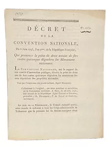 FRENCH REPUBLIC DECREE 1793 Two years in Irons for Degrades National Monuments - Picture 1 of 2