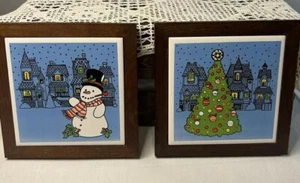 Trivets 2 Jasco Christmas Tree & Snowman Tile Wood Framed 5.25- wall hanging - Picture 1 of 8