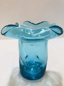 MCM VTG Bischoff Glass Blue Pinched Flared Ruffled Hand Blown Vase (BC-L) - Picture 1 of 12