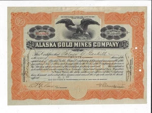 ALASKA 1917 Alaska Gold Mines Company Stock Certificate Juneau Gold Belt - Picture 1 of 2