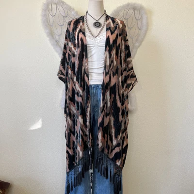 Free People Terciopelo Burnout Ikat Kimono Plumero Flecos Negro Rosa Marrón Boho Retro Foto 1 de 4