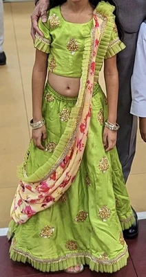 Little Muffet Lime Green Toddler Lengha Choli Floral Dupata Sz 3-4 yr (like 5 yr - Image 1 of 4