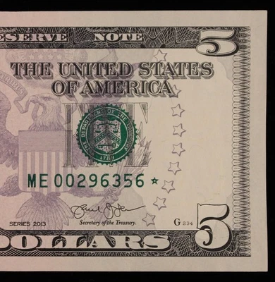 $5 2013 GEM CU Star Federal Reserve Note ME00296356* SINGLE RUN ISSUE 640K print - Image 1 of 3