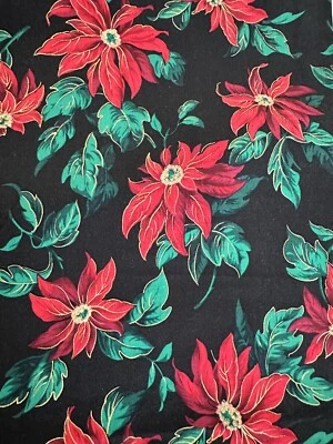 Christmas Metallic Poinsettia Fabric Gold Red Black Metallic Winter 1+Yd **SNAG* - Image 1 of 4
