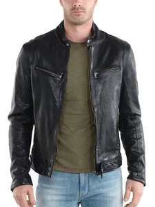 New Mens Leather Jacket real lambskin coat biker motorcycle racer cafe Slim M779 - Picture 1 of 4