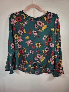 Art Class Hunter Green Floral Print Blouse XL 14-16 Bell Sleeves Tie Front - Picture 1 of 12