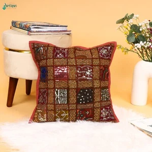 16" Maroon Color Khambadiya Sequins Patchwork Cushion Cover, Housewarming Gift - Picture 1 of 5