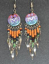 Southwest Design Dangle Earrings Round Shape with Beads in Blue, Green, Orange