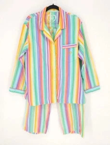 Victoria's Secret Y2K Rainbow Striped Cotton Flannel Pajama Set Women's Large - Picture 1 of 11