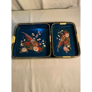 Vintage, 3 Piece Set of Lacquered Nesting Trays, Blue w/ birds, metallic copper - Picture 1 of 11