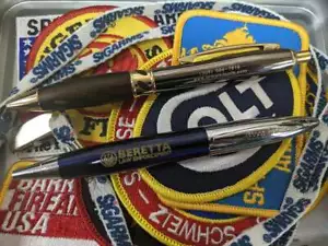 Lot of Firearm Patches, pin, pens and Winchester Metal Tin/ Colt, Ruger and More - Picture 1 of 6