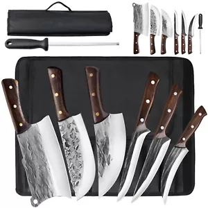 7PCS Butcher Knife Set with Roll Bag Profi Chef Knife Set Chopping Meat Cleaver - Picture 1 of 9