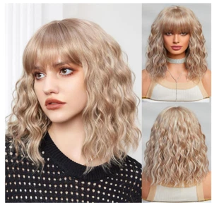 Curly Bob Wig with Bangs Short Wavy Colorful Wigs for Women (Blonde Mix 14 Inch) - Picture 1 of 13