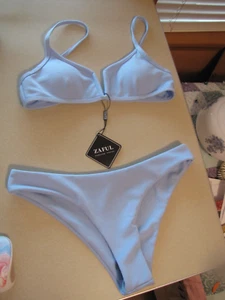 Zaful Cheeky bikini size 8, light Blue Ribbed, Padded top, NWT - Picture 1 of 10