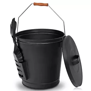 Metal Fireplace Ash Bucket With Shovel Lid Cover Fire Pits Stove Sturdy Black - Picture 1 of 8