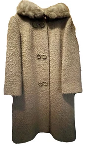 VTG MCM Boucle Coat w/ Fur Collar - Swing Style Camel Color Double Button - Picture 1 of 7