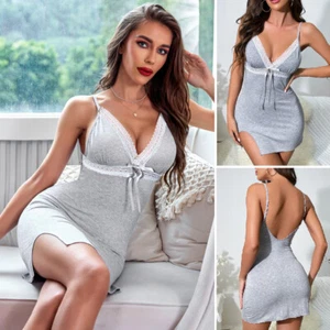Gray Sexy Lace Babydoll V Neck Chemise Sleepwear Cotton Nightgowns for Women - Picture 1 of 13