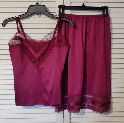 Vintage Vanity Fair Burgundy Camisole Bust 32 Slip Large 2 Pc Set Lace Detail - Image 1 of 4