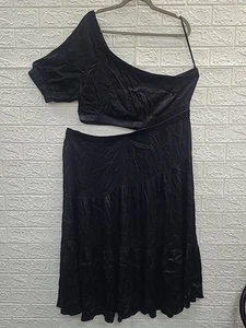 Vestido midi Peter Som negro satinado de un hombro usado talla grande EE. UU. - Imagen 1 de 7