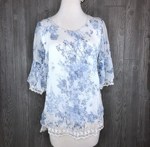 Top Elena Baldi 100% Seda Hecho en Italia Azul Floral Encaje Semi Transparente - Imagen 1 de 8