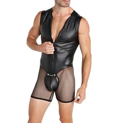 Men’s Leather Mesh Bodysuit Jumpsuit – Sexy Clubwear Party Outfit Gay Pride - Image 1 of 4