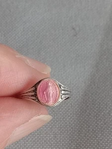 RARE VINTAGE CREED STERLING SILVER & PINK ENAMEL VIRGIN MARY BABY'S RING - Picture 1 of 10
