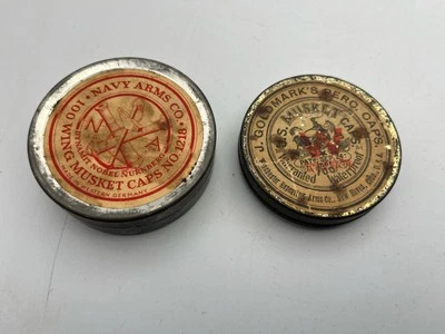 2 винтажные банки темно-синий руки мушкет крышки 1940-х и J Goldmark перкуссии 1933 пустой - Изображение 1 из 4