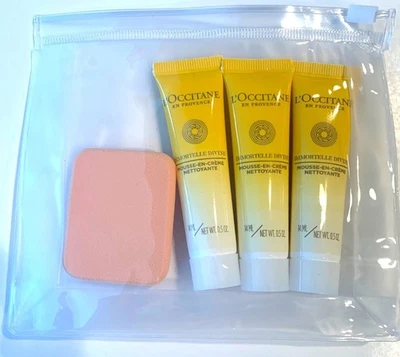 L'OCCITANE IMMORTLLE DIVINE FOAMING CLEANSING CREAM 3PC W SPONGE COSMETIC BAG - Image 1 of 3
