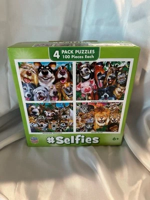 Master Pieces SELFIES  4pk -100 Piece Kids Jigsaw Puzzle -4 Animal Scenes - NIB - Image 1 of 4