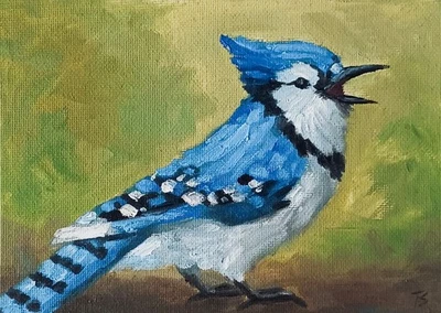 Pintura al óleo ORIGINAL Impresionismo moderno Blue Jay Bird 5" x 7" Foto 1 de 4