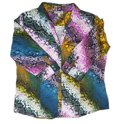 Top Blouse Dana Buchman XL Women Multicolor Animal Print Button-Down 3/4-Sleeve - Image 1 of 4
