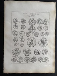 Numismatic Engraved Plate, 1870, CONDADO DE BURGONA, 9x12" - Picture 1 of 6