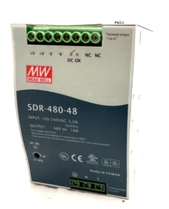 MeanWell SDR-480-48 DIN 100-240VAC Power Supply 48VDC 10A, 48V 10A, 480 Watts - Picture 1 of 4