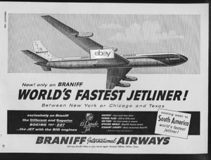 BRANIFF INTERNATIONAL 1960 "BOEING 707-227" FAST JETLINER IDL/ORD/DFW/SAT AD - Bild 1 von 1