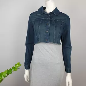 JAG Size 8 Crop Denim Jean Jacket Dark Blue Raw Hem Long Sleeve Push Button - Picture 1 of 12