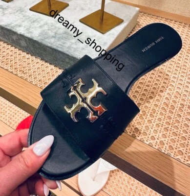 Tory Burch Novo Na Caixa Everly Slide Sandálias Couro Logotipo OURO Preto Perfeito MUITOS TAMANHOS - Imagem 1 de 4