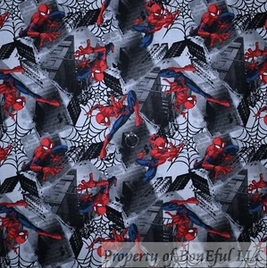 BonEful Fabric FQ Cotton Quilt B&W Gray Red Spiderman Super Hero City Spider Web - Picture 1 of 13