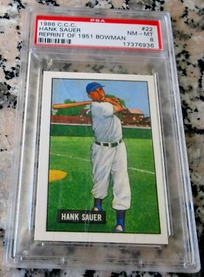 HANK SAUER 1986 C.C.C. RP 1951 Bowman PSA 8 Chicago Cubs HOF POP 1 Rare READ🔥$$ - Image 1 of 2