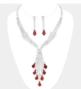 Red Necklace Earring Silver Crystal Rhinestone Formal Jewelry Wedding Set Bridal - Picture 1 of 2