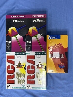 NEW!!!  Blank VHS Tapes / 5 Tapes /RCA, Memorex, Kodak Foto 1 de 2
